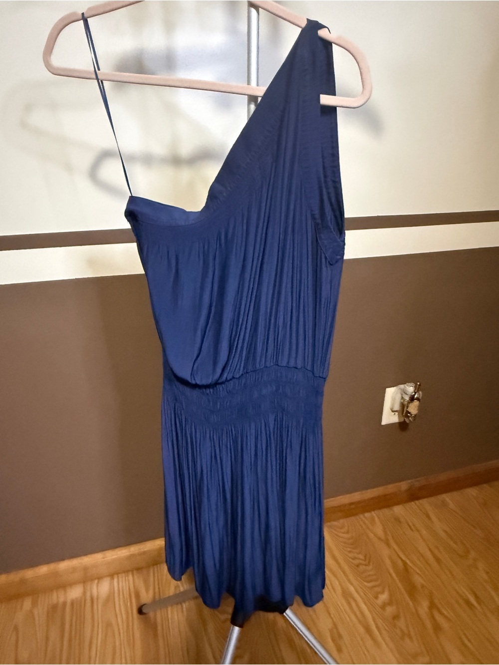 Ramy Brook One-Shoulder Navy Pleated Midi Dress Size M